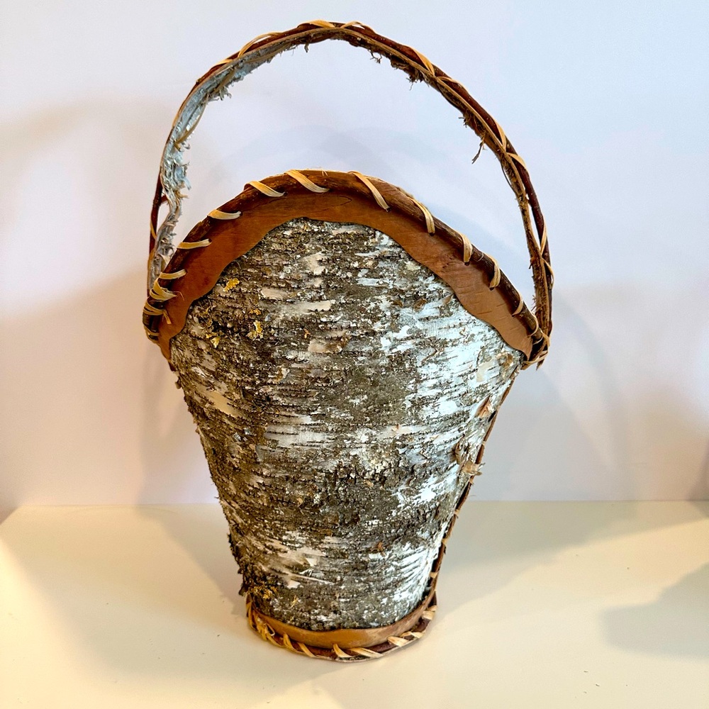 White Birch Bark Basket with Curved Handle - Picture 2 of 10